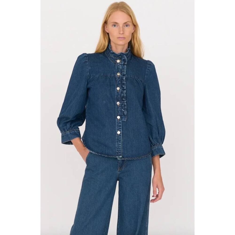 SECULAR by L'Agence Rene Denim Ruffle Button Down Shirt M NWT Dark Wash Coastal